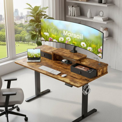 Bureau ergonomique rétro à hauteur réglable avec tiroirs et tablettes de rangement, 4 réglages de hauteur de mémoire, convient à la maison et au bureau.