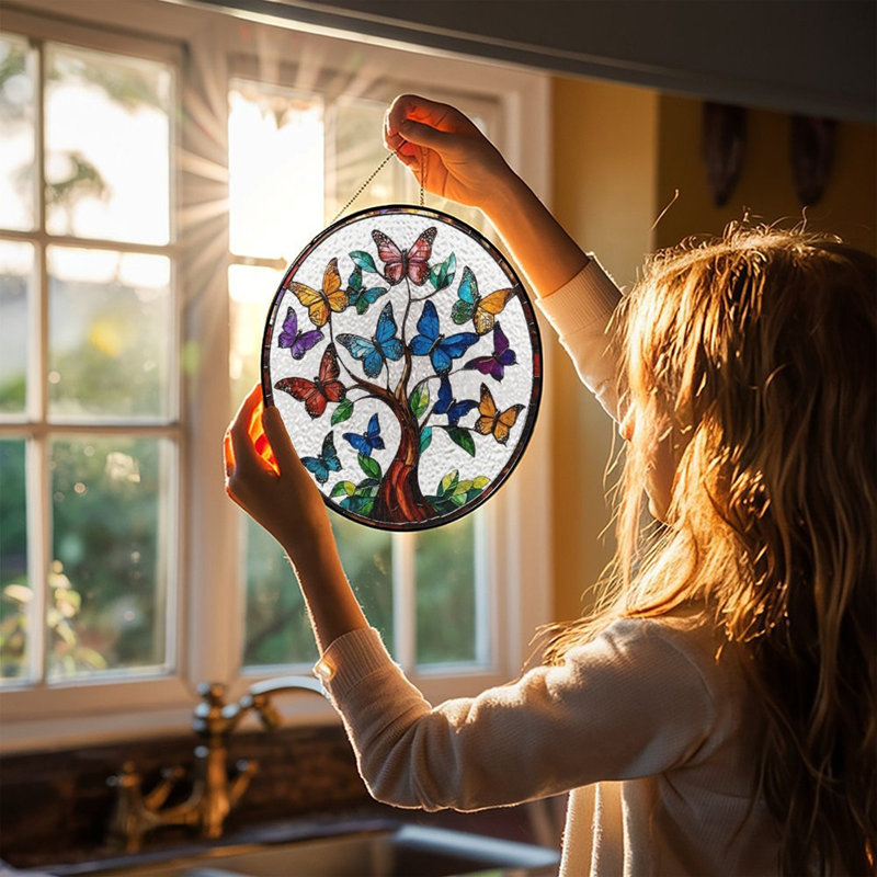 Papillons sur des panneaux de vitrail arbre de vie Suncatcher pour décor de fenêtre, 9,8 x 9,8 po (25 x 25 cm)