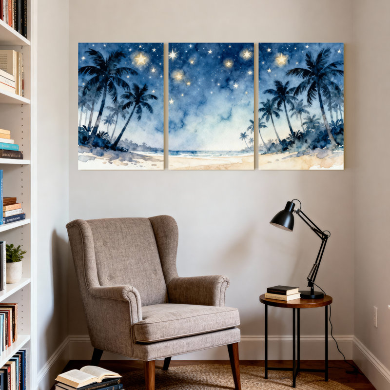 Palmiers, nuit étoilée, plage, palmiers, ensemble de 3 impressions sur toile, H 18 po x l 36 po