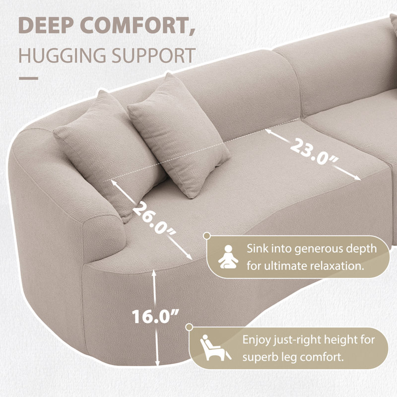Compression Packed 2-Piece Curved Symmetrical Modular Sofa, Full Foam Compressed Design, No Assembly Required, Teddy Upholstery