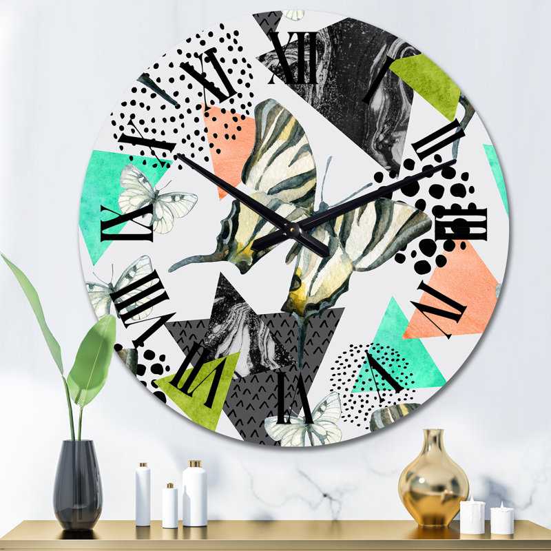 Horloge murale turquoise à motif géométrique rétro noir et vert, Surdimensionné