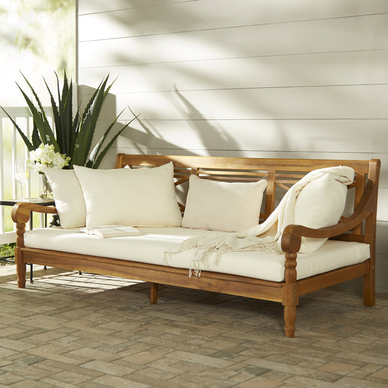 71.7 " W Straight Acacia Solid Wood Patio Daybed with Cushions, Beige, Teak Brown