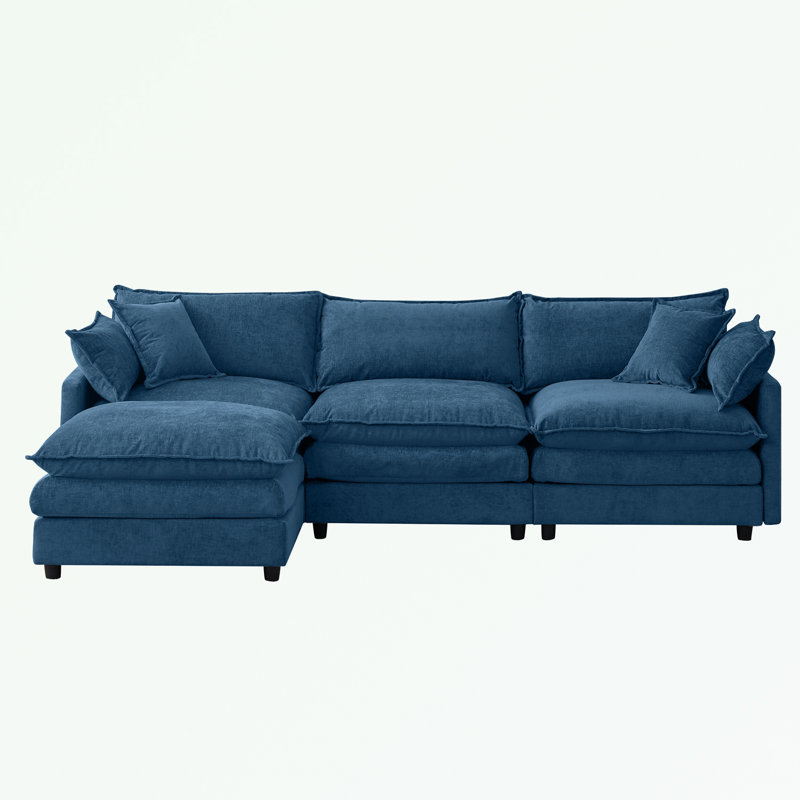L Shape Chenille Fabric Sectional Sofa with Ottoman, Blue Chenille