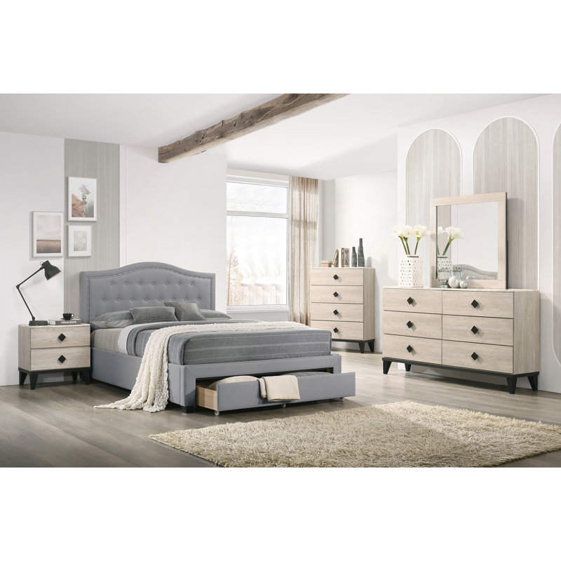 Lit simple avec un design moderne et un compartiment de rangement caché avec tête de lit tapissier gris