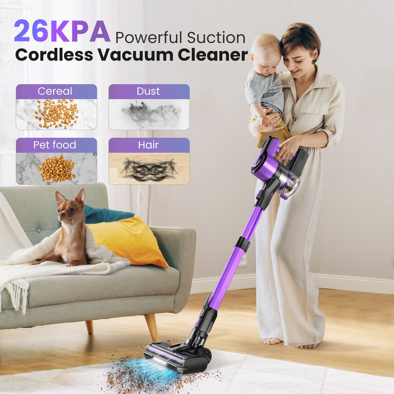 POWEART V870 Purple Cordless Vacuum, 30KPa Suction, 350W Motor, 8-in-1 Cleaner, Purple