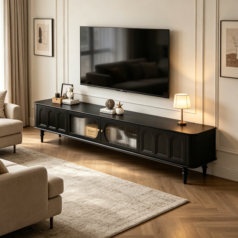 Console télé de style rétro avec rangement, H 18,11 po x L 78,74 po x l 15,74 po, Noir