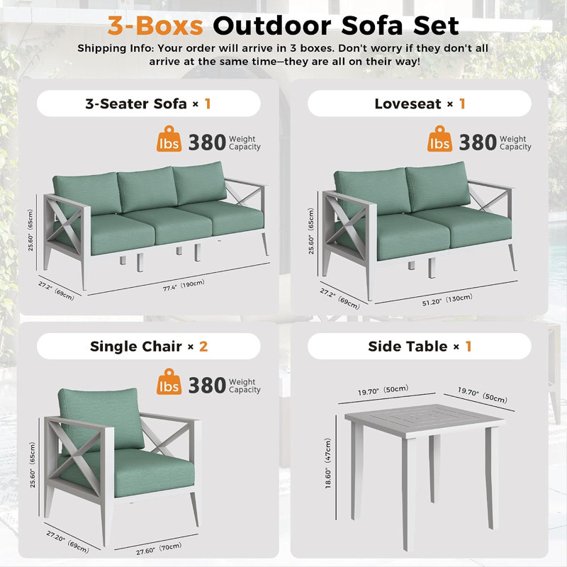 Ensemble de conversation pour l'extérieur en aluminium pour 7 personnes, Coussin vert / cadre blanc