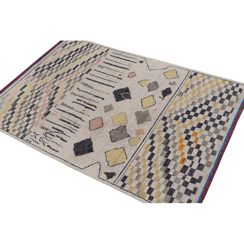 Rug & Kilim’S Moroccan Rug In White With Black And Gold Geometric Pattern, Rectangle 4' x 6'