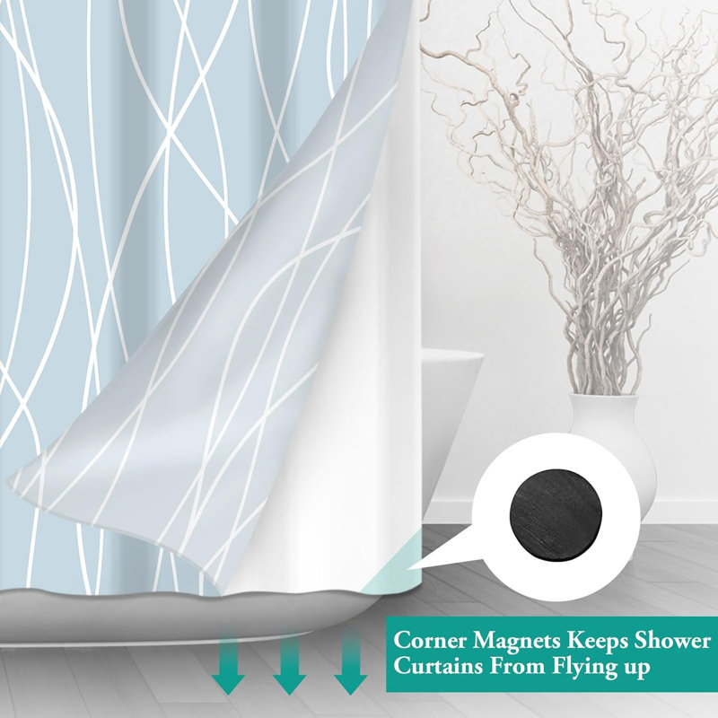 No Hook Light Blue Striped Shower Curtain With Snap In Fabric Liner Set - Hotel Shower Curtain And Liner Set With See Through Mesh Top Window,Machine Washable, 71X74 INCH