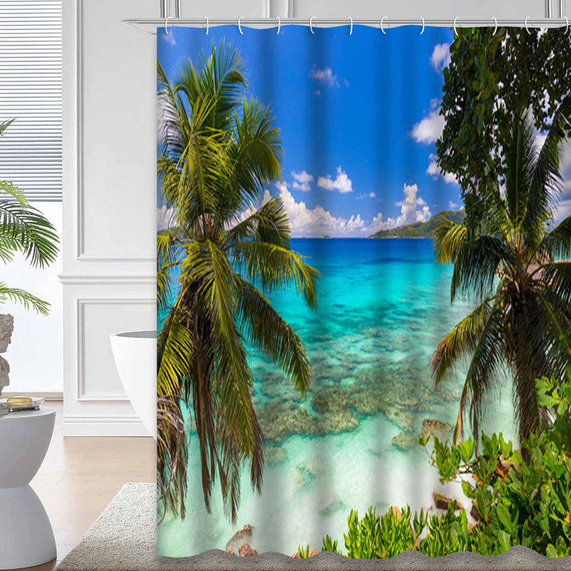 Incroyable plage tropicale, palmiers, île de granit, Afrique, avec 12 crochets, L 72 po x l 84 po