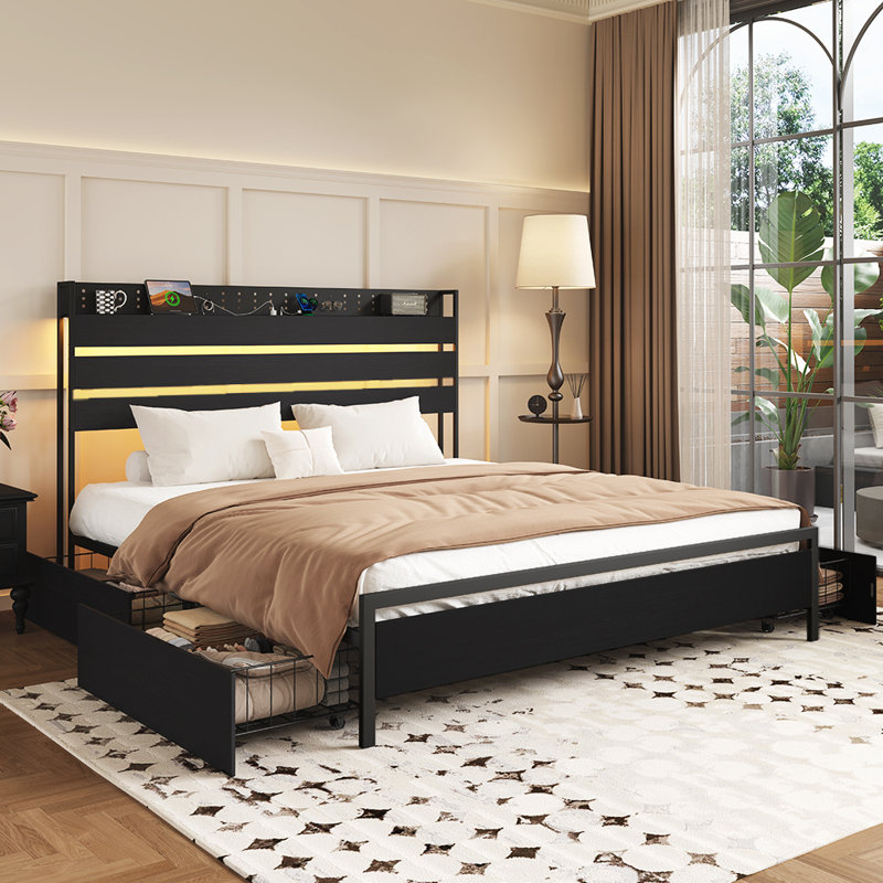 Queen Size Bed Frame With 4 Storage Drawers, RGB LED Lights And Charging Station, All-Metal Support, No Box Spring Needed, Black