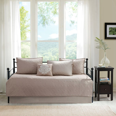 6 Piece Daybed Cover In Khaki - Twin Size, Reversible With Solid/Stripe, 3 Shams, , Captivating Decorative Pillow 6 Mattress Fit, Solid/Printed Stripe, 17" Drop Cover, Gorgeous