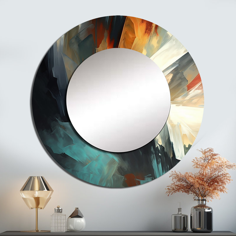 Raeola - mélange de couleurs abstraites orange et bleu I - miroir minimaliste, miroir mural rond orange unique, impression sur métal