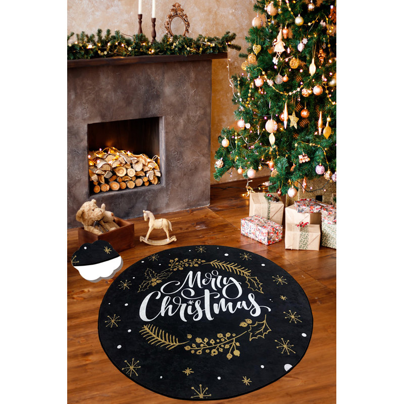Stylish Round Christmas Carpet, 47.2 Inches, Black, White & Gold | 100% Polyester, 0.4 in Pile Height, Non-Slip Underside, Machine Washable | Antibacterial, Perfect for Holiday Decor & Festive Gatherings