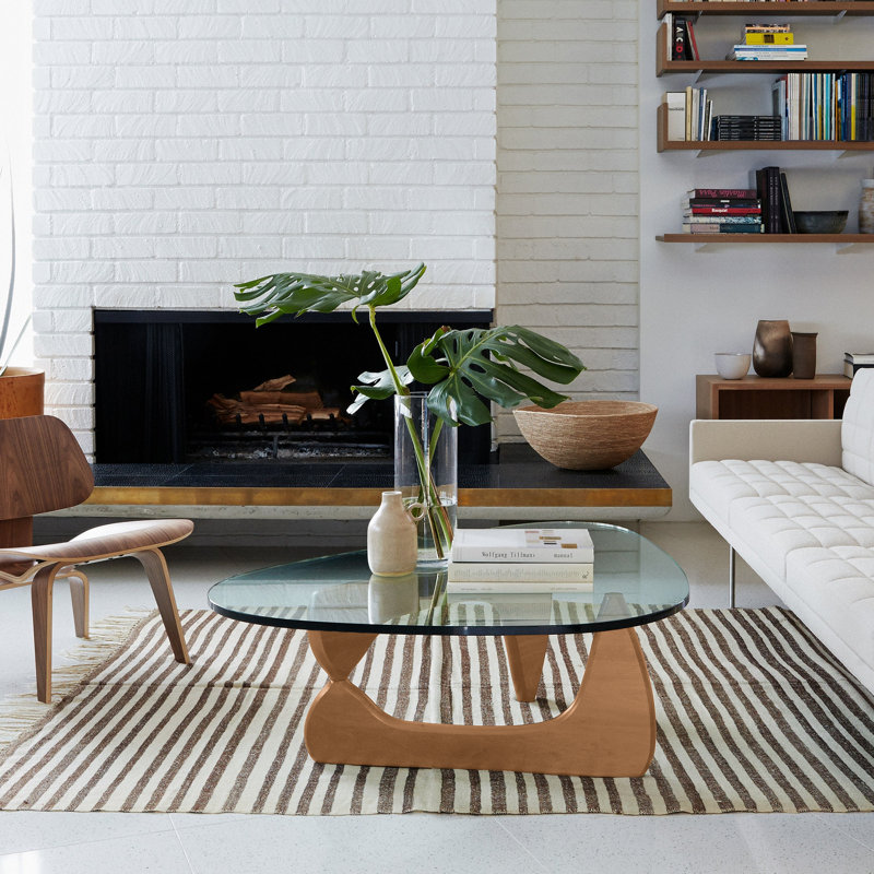 Triangle Glass Coffee Table with Wooden Base Clear Glass Top Mid-Century Abstract Glass Table, Light Walnut
