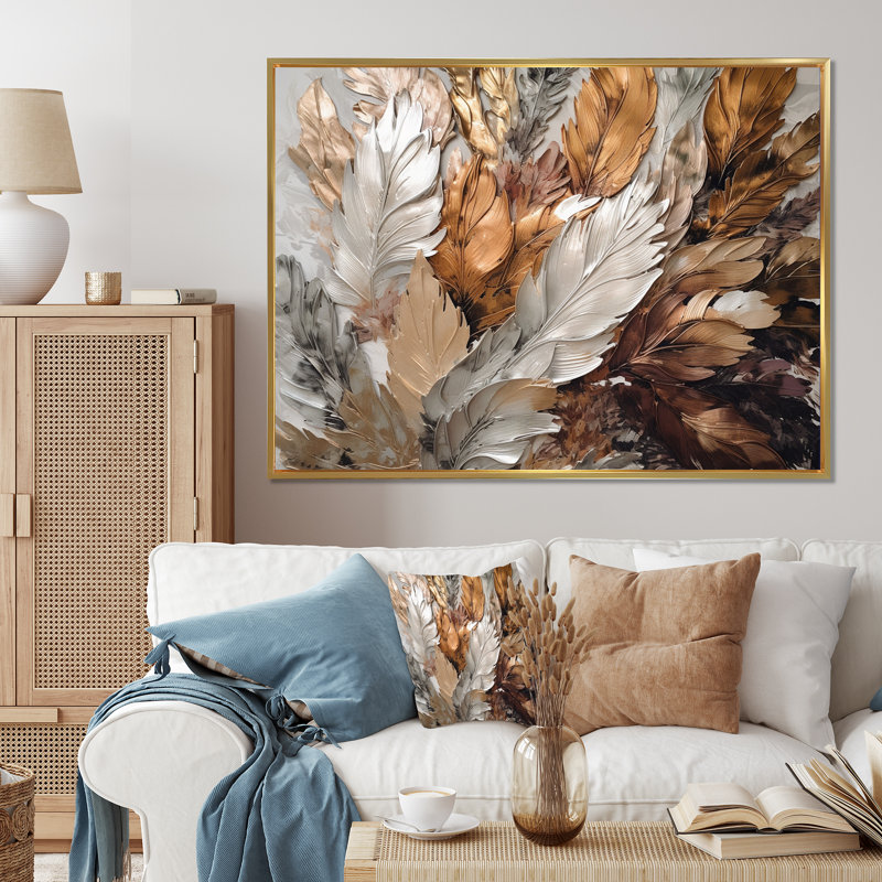 «Caiden Gold Feather Extravaganza IV - Glam Feather», art mural, Cadre flottant doré, 16" H x 32" W