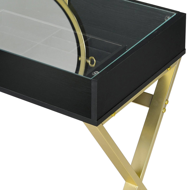Rectangular Black & Gold Finish Vanity Desk With Mirror, Jewelry Tray, Metal Frame And 2 Storage Drawers, 42 Inches Wide Trait Aspect In Tint, Frame, Tray 50 High Parameter Value