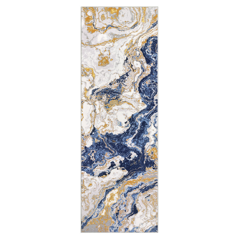 2x6 Runner Blue Area Rug, Abstract Marble Accent Rug, Soft Luxury Carpet for High Traffic Areas, Washable Rugs for Living Room, Non Slip Home Decor Kitchen Rug