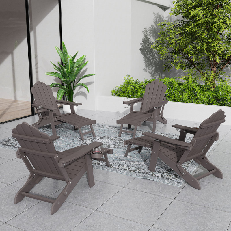 Folding Adirondack Chair with Cup Holders, Fire Pit Chair with Retractable Ottoman,  Multifunctional HIPS Chair for Porch, Patio, Balcony