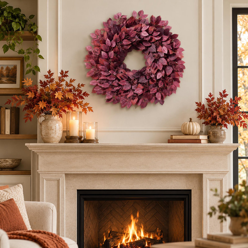 Couronne de feuilles d'hibiscus artificielles de 66 cm avec baies pour la décoration de la porte d'entrée
