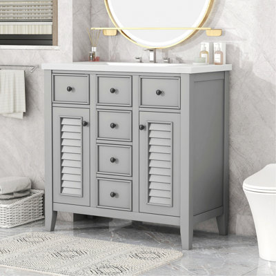 Meuble-lavabo à cadre en bois, meuble-lavabo avec vasque en céramique, deux armoires et cinq tiroirs