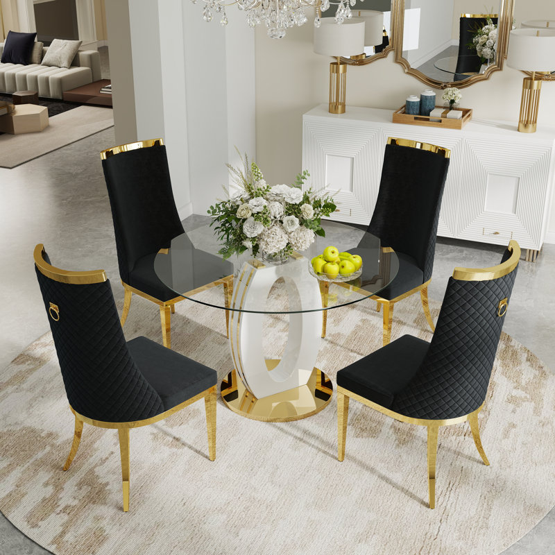 Table de salle à manger ronde en verre trempé, table de salle à manger de luxe avec dossier haut pour la salle à manger, Noir