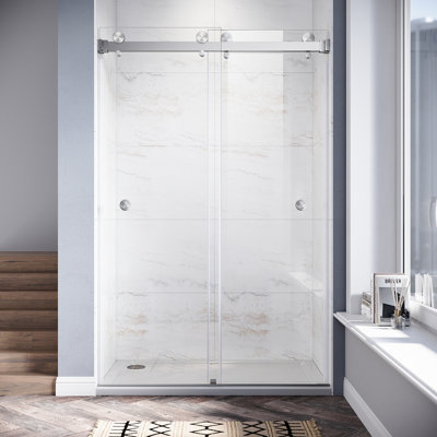 Royal 46 to 49 in. x 80 in. H Frameless  Double Sliding Shower Door with Two Finger Pulls in Brushed Nickel and 3/8 in. (10mm) Clear Glass