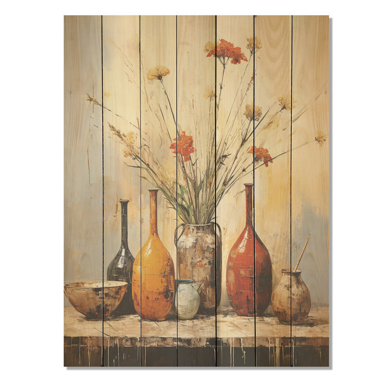 Élégance de poterie florale jaune naturelle I - poterie bohème sur bois, H 20 po x l 10 po
