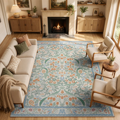 Tapis vintage à motifs floraux botaniques, tapis traditionnel d'inspiration jardin avec un motif complexe de fleurs et de vignes pour salon, chambre, salle à manger