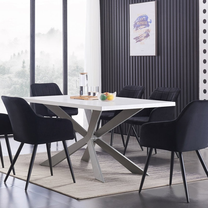 Yerres 6 Person Dining set - a Rectangular Wooden Dining Table with Metal Legs and a Set of 6 Quilted Velvet Dining Chairs for Dining Room - Modern Dining Table Set