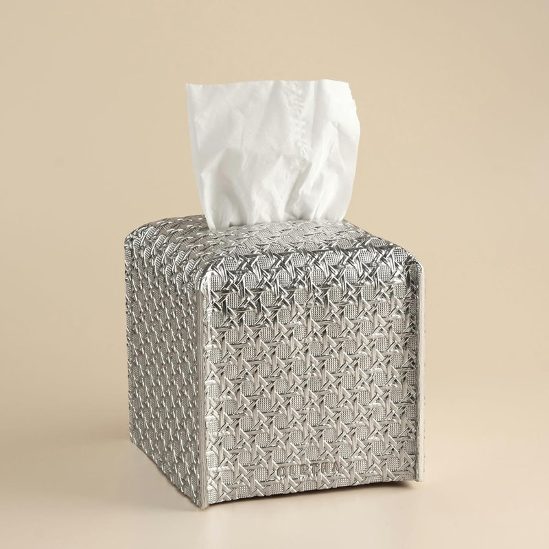 Square Tissue Box Cover - Aesthetic Desk Decor For Room, Home & Office - Tissues Cube Boxes Holder - Lattice Textured, Silver