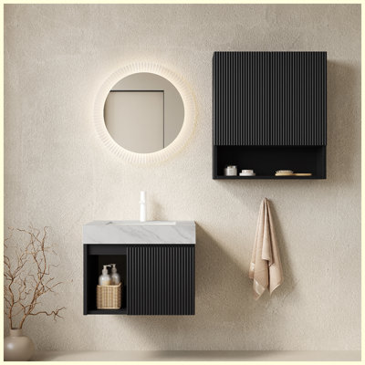 Meuble-lavabo mural flottant 24 po + 26 po avec lavabo, comptoir en pierre frisée gris Carrara