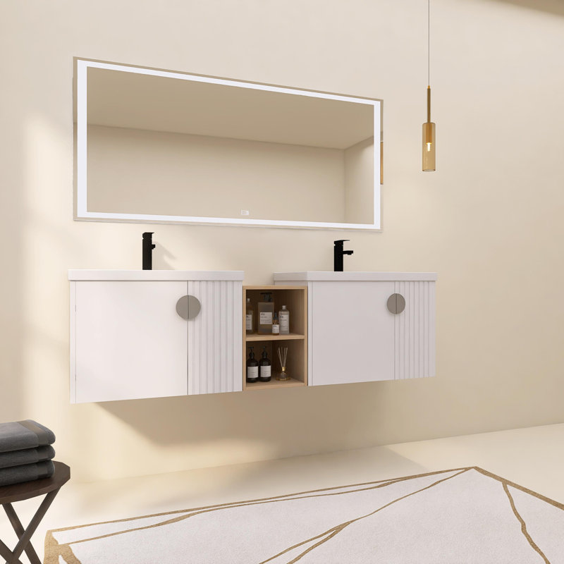 Ensemble de meuble-lavabo mural 68 po, 4 portes flottantes, lavabos en céramique et tablettes de rangement 68 po, Blanc