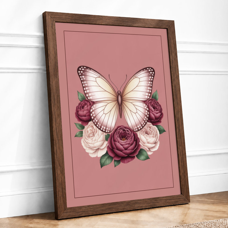 Butterfly Above Roses Botanical - Framed Print, A2 - 59.4 x 42.0 cm, Walnut