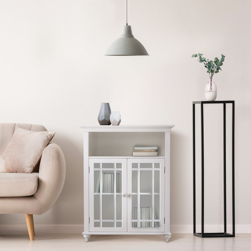 Freestanding Two-Door Floor Accent Cabinet with Open Shelf, White