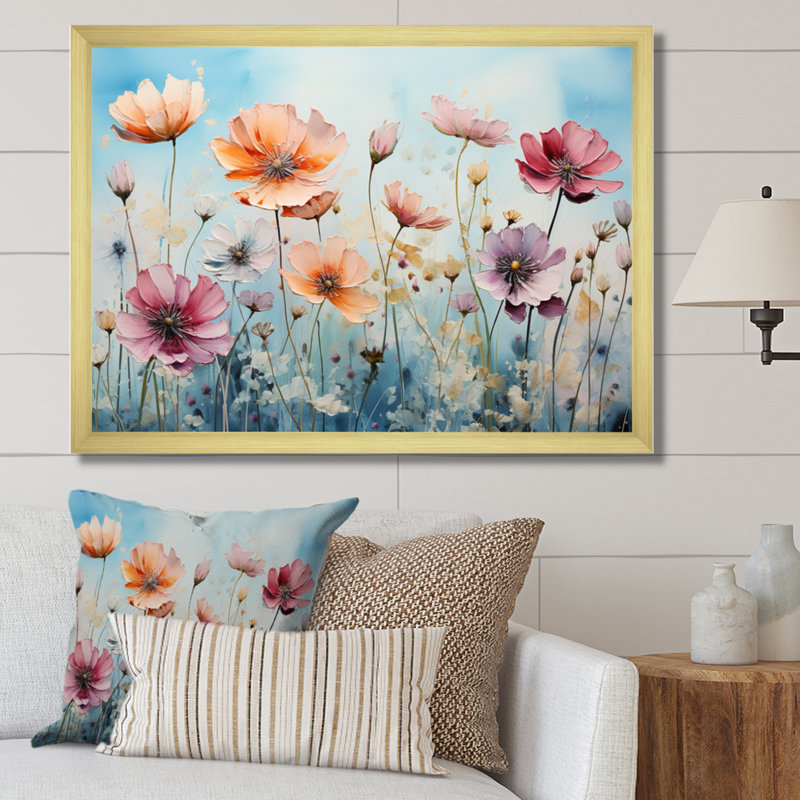 " Meadow Whimsical Meadowscape ", Gold Picture Framed, 30" H x 40" W x 1.5" D