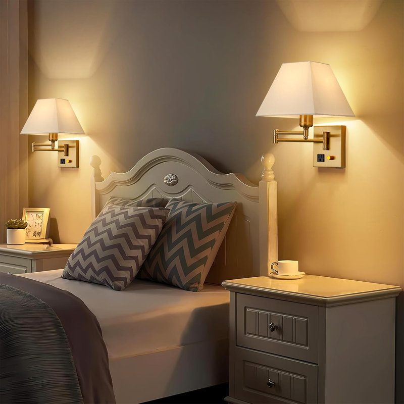 Modern Swing Arm Wall Sconce With Dimmable Switch, USB Port, And Plug-In Or Hardwire Installation For Bedroom, Living Room, And Hotel