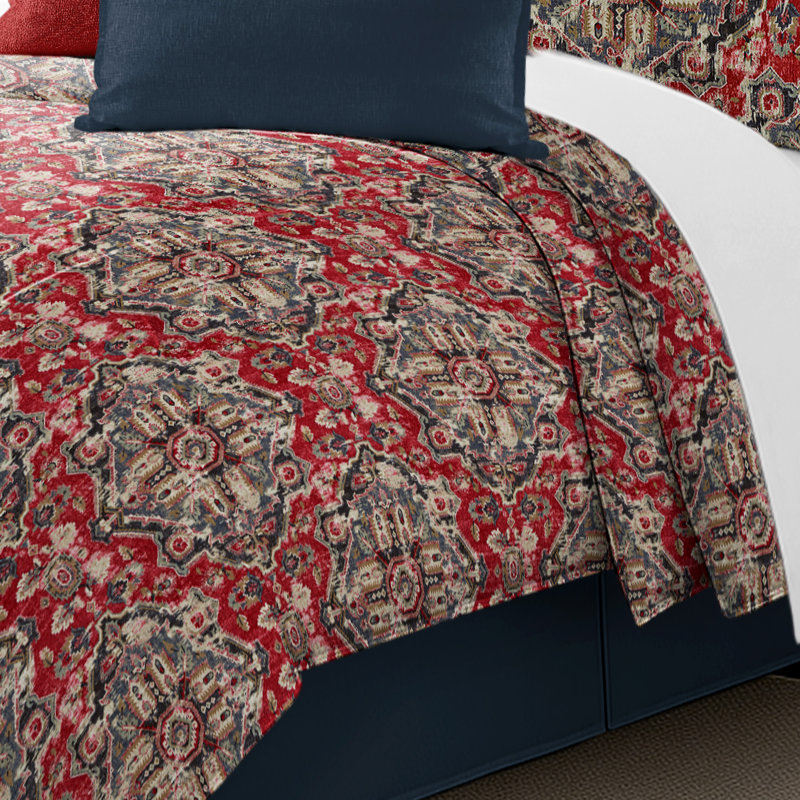 Tangier Red/Blue Linen Set Coverlet/Bedspread Set, Queen Coverlet + 2 Queen Shams