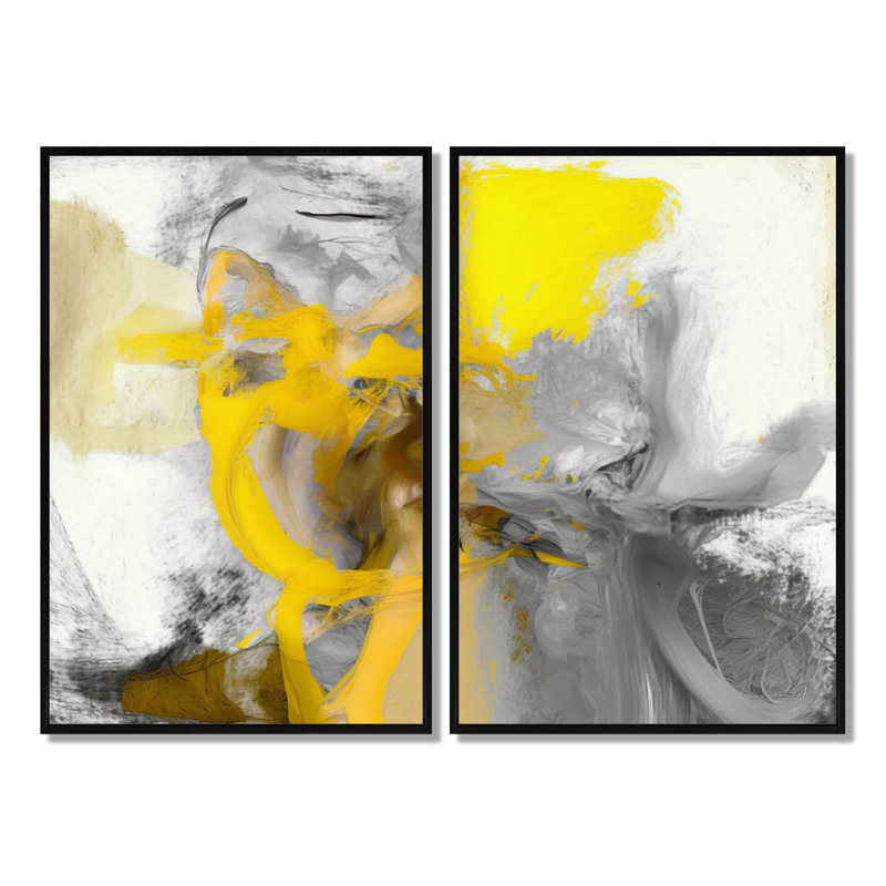 Moutarde jaune et gris vif I - art mural moderne, Noir, H 36 po x l 48 po, Impression encadrée flottante