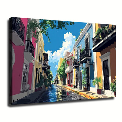 Colorful Caribbean Old Town Street Scenery Illustration, Large Gallery Wrapped Canvas Wall Art Print For Living Room Bedroom