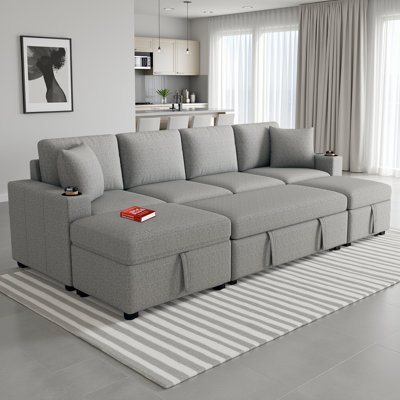 Modular Convertible Sectional Sofa Bed with Storage Ottoman, L-Shaped & U-Shaped Chenille Sofa with USB Ports (109"W)