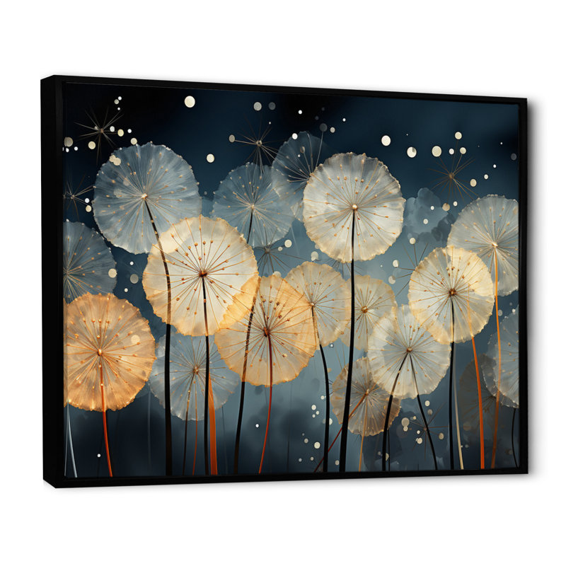 Blanc sarcelle pissenlit symphonie II - art mural pissenlit pour le salon, H 24 po x l 32 po x P 1 po, Cadre flottant noir