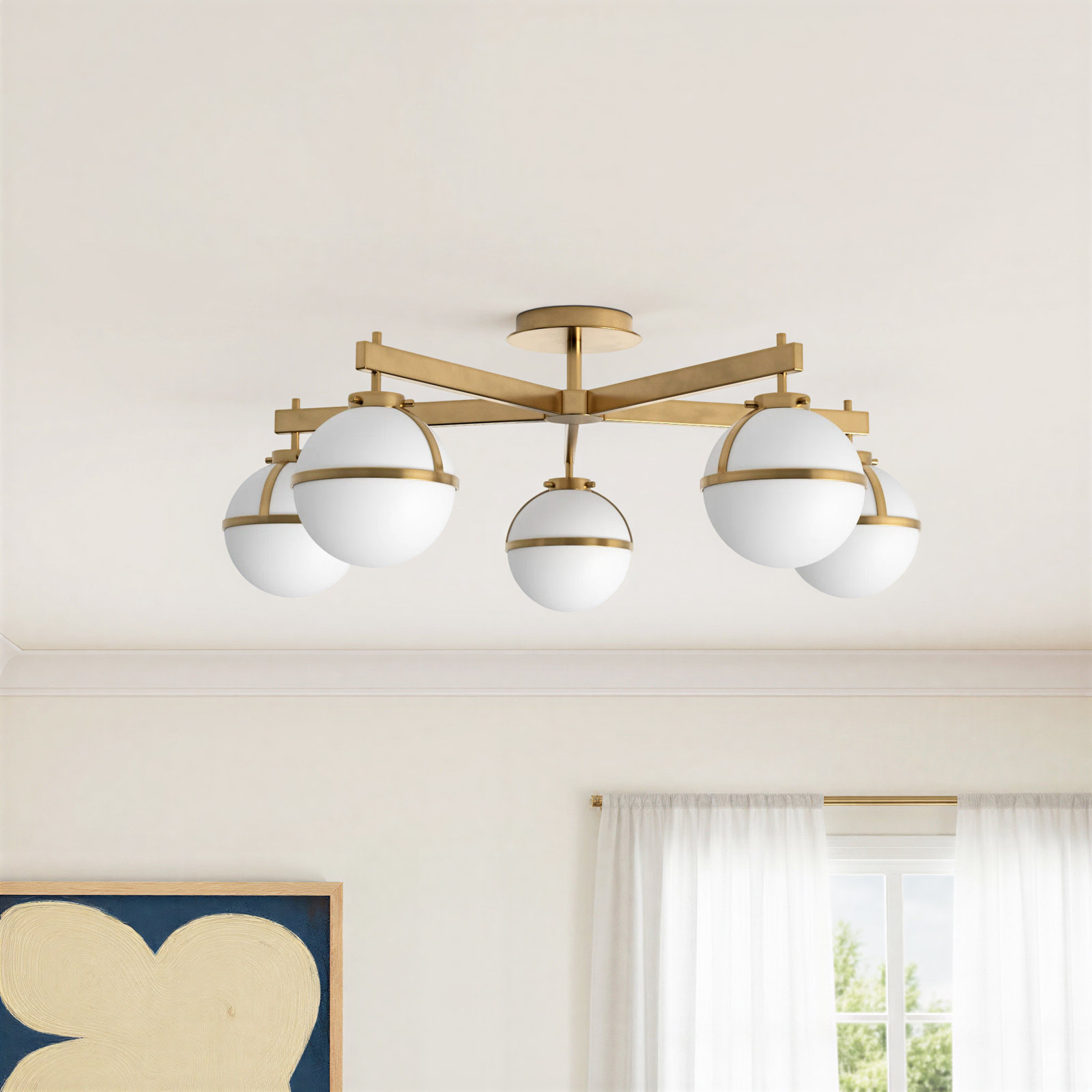 5 Light Glass Semi Flush Mount, Heritage Brass