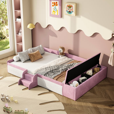 Lit de jour double en velours rose et blanc, avec escalier, rangement avec vérin à gaz et garde-corps rembourrés élégants