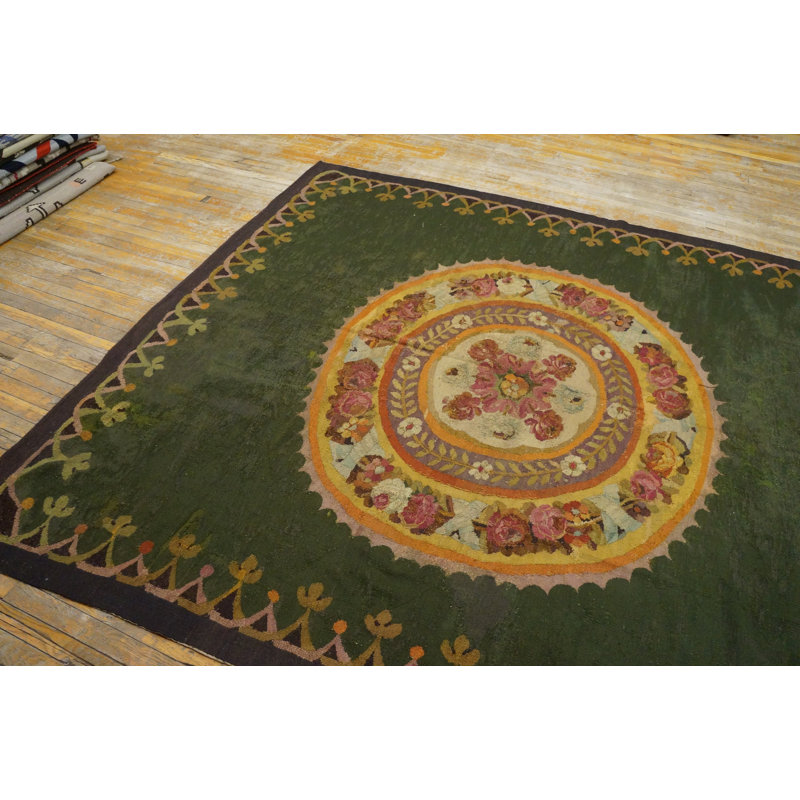 Green Antique  First Empire Floral Medallion Design French Aubusson Rug