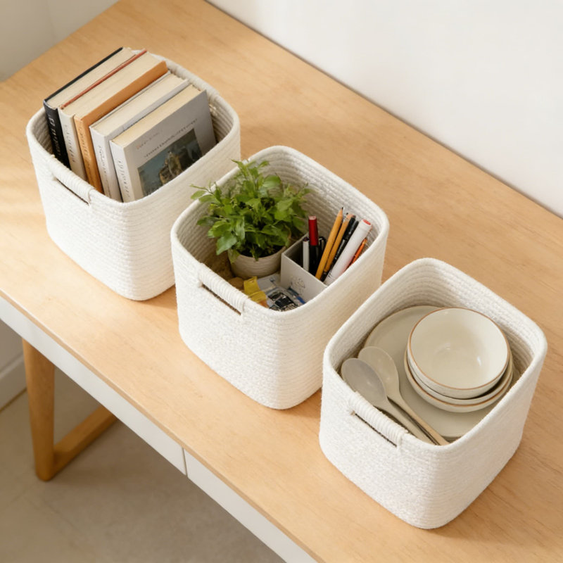 Collapsible Storage Baskets 3-Pack, 11 Inch Woven Cotton Rope Organizer Bins For Shelves, Closet, Nursery, And Home Organization