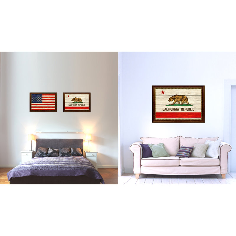 «California State», impression de drapeau texturé avec cadre brun doré, 15 x 21