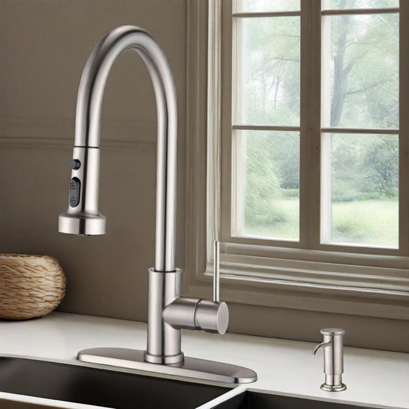 Stainless Steel Pull Down Kitchen Faucet With Soap Dispenser, Brushed Nickel