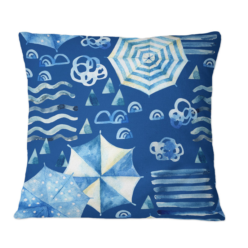 Coussin décoratif à motif de vacances en soleil avec vagues d'eau et parasol V, 18 po x 18 po