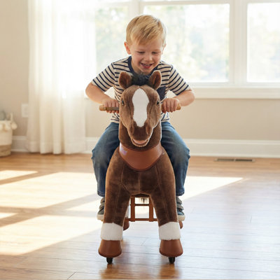 PonyCycle Chocolate Brown Ride on Horse Plush Toy (35.4" Size 4 Ages 4–7) Magical Birthday Gift with Brake Advanced Model Y476